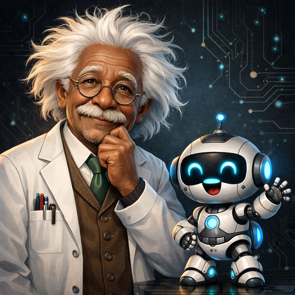 Evil Technologies mascot: scientist with robotic assistant